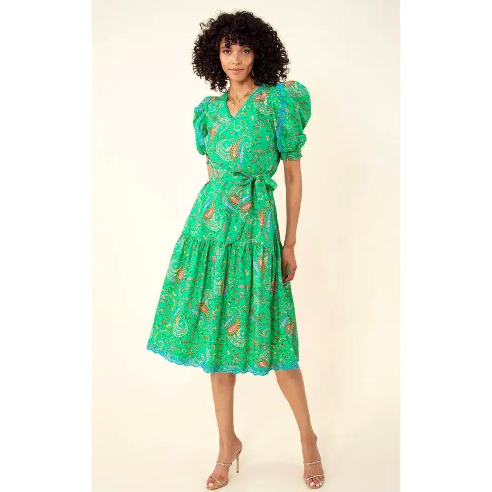 Hale Bob ELAINA Poplin Paisley Balloon Sleeve Midi Dress in Emerald M NWT $408